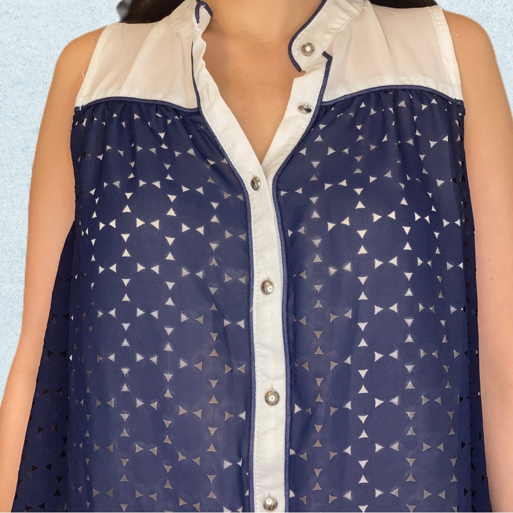 Retro themed geometric navy blue sheer blouse